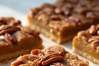 "Overhead view of sugar-free keto pecan pie bars with golden caramel filling and almond crust on a clean white background"