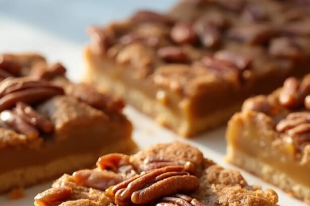 "Overhead view of sugar-free keto pecan pie bars with golden caramel filling and almond crust on a clean white background"