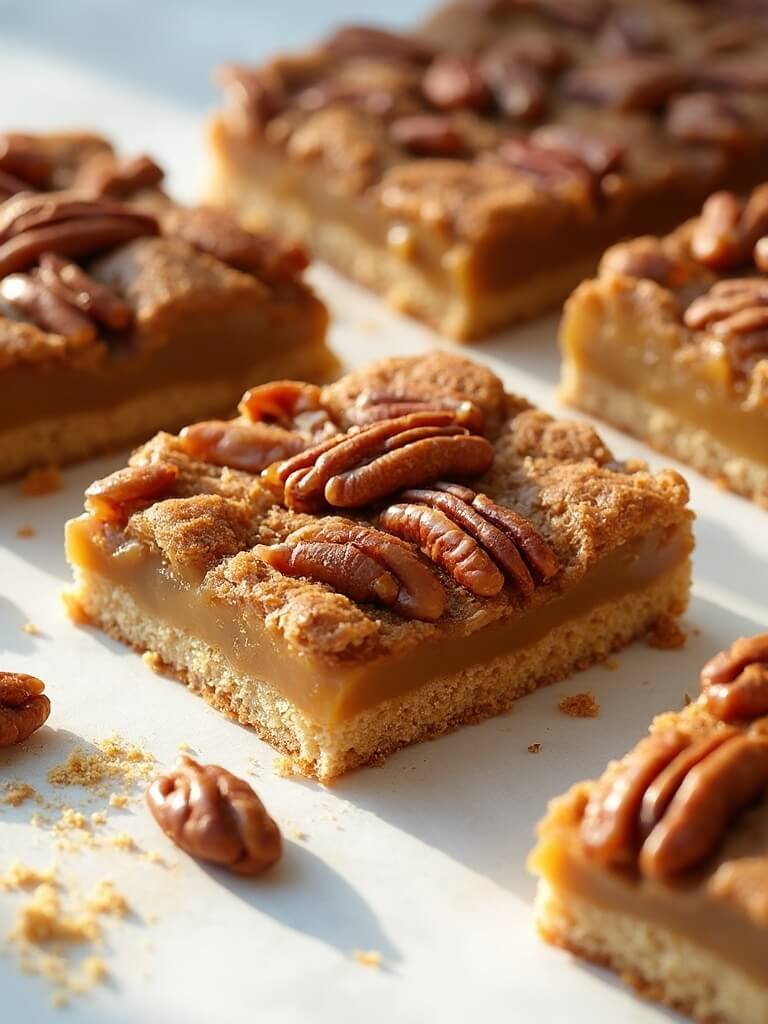 "Overhead view of sugar-free keto pecan pie bars with golden caramel filling and almond crust on a clean white background"