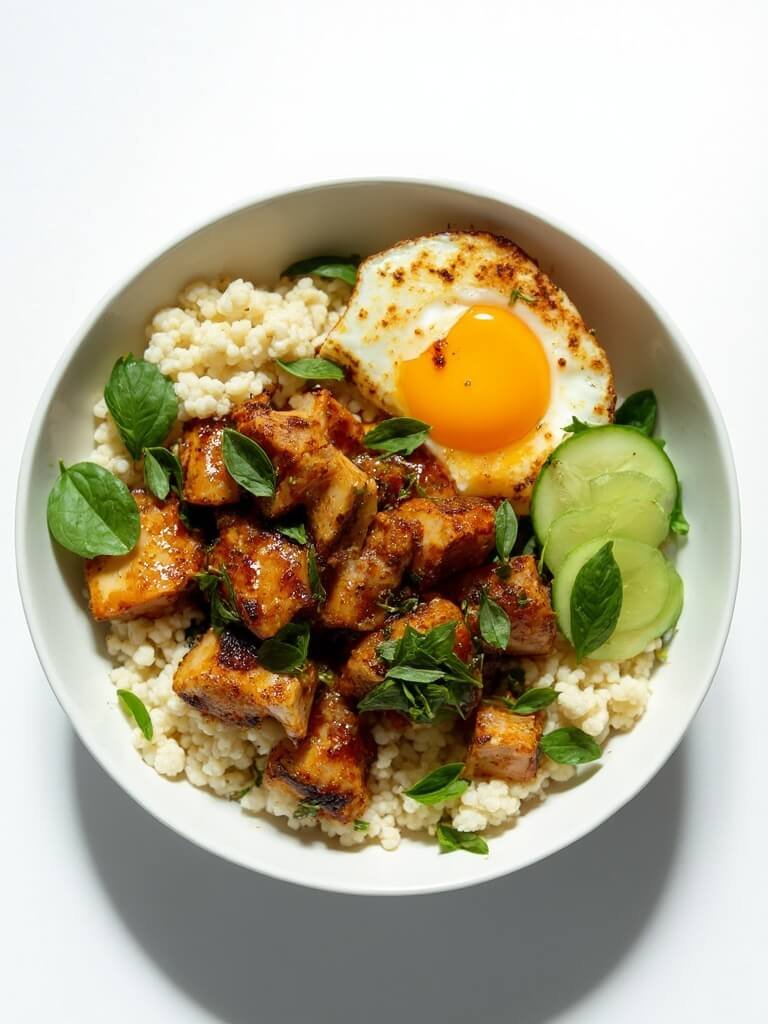 "Thai basil chicken over cauliflower rice with lime, cucumber, and a fried egg in a white ceramic bowl"