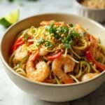 "Zucchini noodle pad thai with shrimp, peanuts, and cilantro in a cream-colored bowl on a clean white marble background"