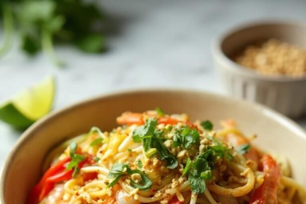 "Zucchini noodle pad thai with shrimp, peanuts, and cilantro in a cream-colored bowl on a clean white marble background"