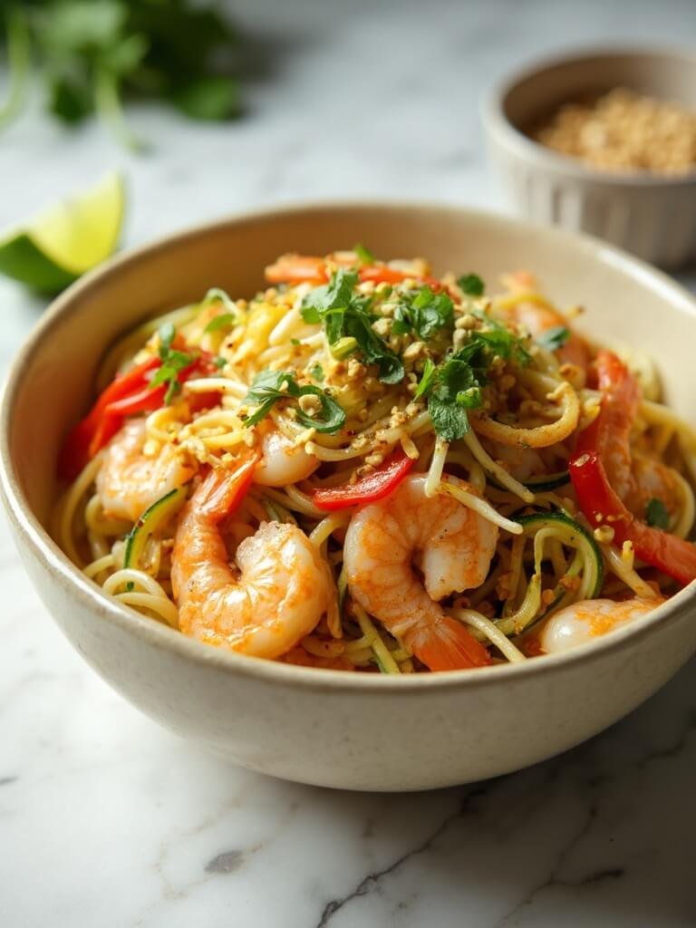 "Zucchini noodle pad thai with shrimp, peanuts, and cilantro in a cream-colored bowl on a clean white marble background"